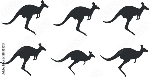 Stylized silhouette vector icon set showcasing dynamic kangaroos in various poses, ideal for wildlife-themed design projects