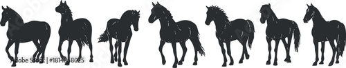 Stylized silhouette vector icon set showcasing various horse poses, perfect for equestrian-themed design projects and branding.