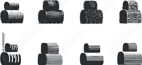 Stylized vector illustration set of hay bales in various shapes and sizes for agricultural and rural design projects