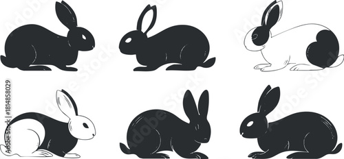 Cute black and white vector illustration set of rabbits in various poses for playful design projects