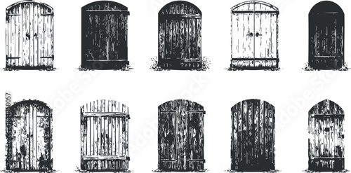 Collection of vintage wooden door illustrations in a rustic style, perfect for architectural design and decor projects