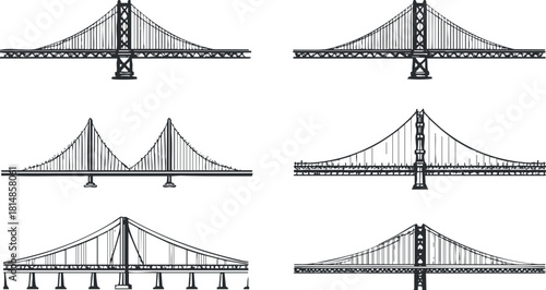 Set of minimalist black and white vector illustrations featuring various types of bridges for urban design and architecture projects