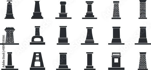 Collection of minimalist black and white vector icons featuring various chimney designs for architectural and home decor projects