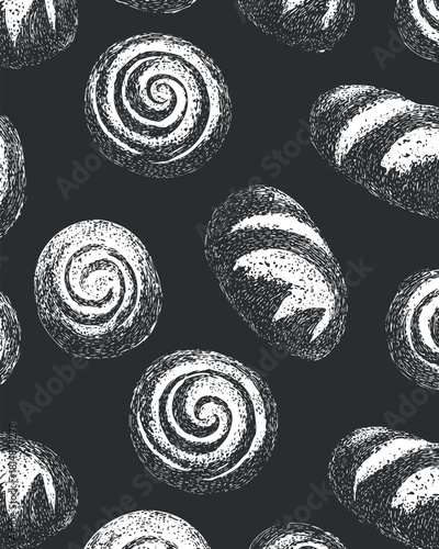 Hand-drawn vector pattern featuring various types of baked goods, ideal for culinary branding and package design