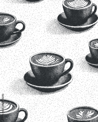 Vintage dotted pattern illustration of coffee cups with latte art on saucers, ideal for cafe branding and design projects