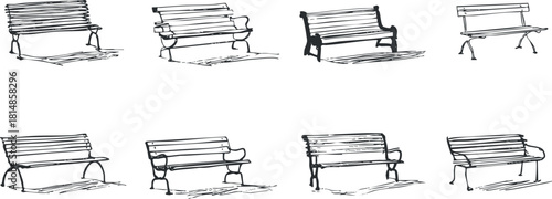 Collection of minimalist vector illustrations featuring various styles of benches for outdoor and urban design applications