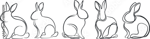 Minimalist line art vector illustration of a collection of cute rabbits in various poses for decorative and branding projects