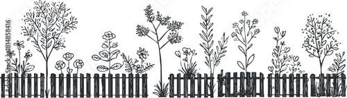 Botanical vector illustration featuring a collection of various flowers and plants alongside a wooden fence for home and garden decor