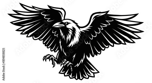 Majestic raven soaring with outstretched wings against a white backdrop.