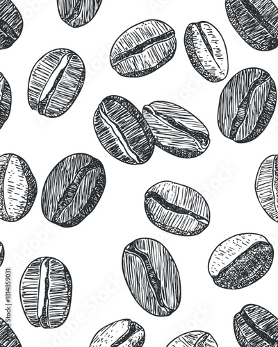 Hand-drawn vintage vector pattern of coffee beans, perfect for cafe branding and food-related designs