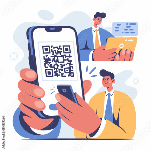 Hand holding a smartphone displaying a QR code being scanned by another mobile device, with people in the background representing digital transactions and secure mobile payments.