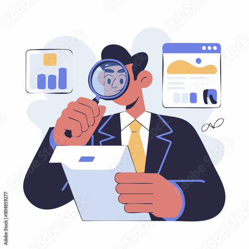 Professional man in a suit using a magnifying glass to analyze documents and data, representing business investigation and research.