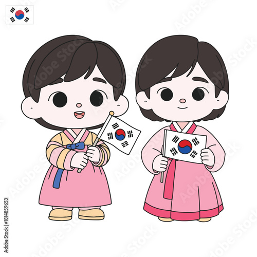 Illustration of two children in traditional Korean hanbok. They are both holding South Korean flags