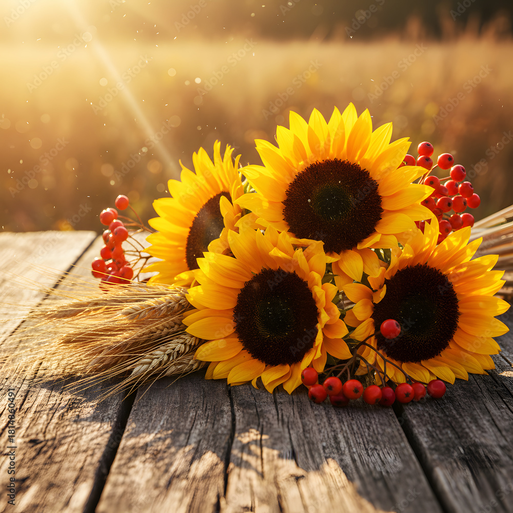 Obraz premium Sunflowers wheat and berries on a rustic wooden table