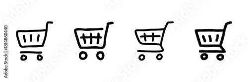Shopping Cart Line Icon Set In Doodle Style. E-Commerce, Online Shopping, And Retail Marketplace Outline Sketch Collection. Hand Drawn Isolated Vector Illustration