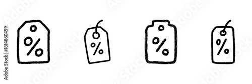 Discount Tag Line Icon Set In Doodle Style. Sale, Promotion, And Price Reduction Outline Sketch Collection. Retail And E-Commerce Marketing Symbols. Hand Drawn Isolated Vector Illustration