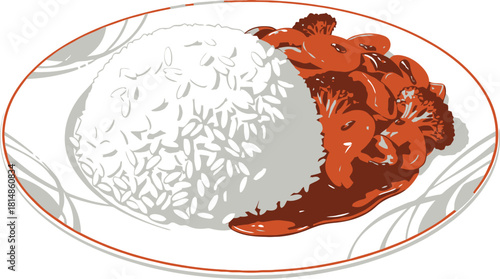 Delicious illustration of rice and stew on a plate