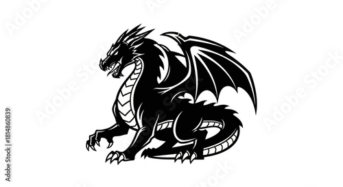 Stylized black dragon silhouette in a powerful sitting pose.