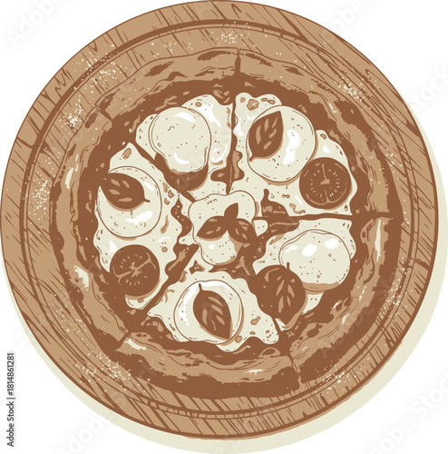 Top view of a delicious pepperoni and mushroom pizza