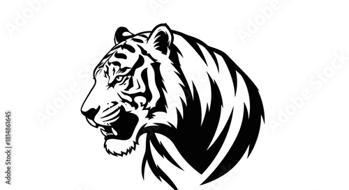 Striking Black and White Tiger Head Illustration with Detailed Stripes.