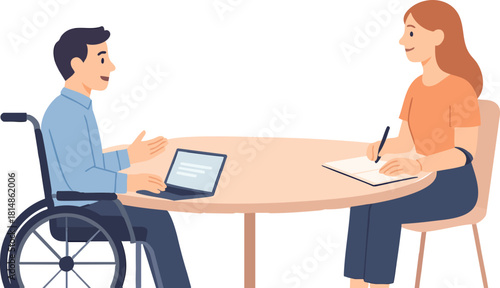 A friendly man in a wheelchair discusses something while using his laptop as a woman across the table takes notes in a notebook.