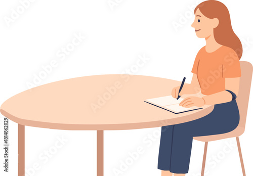 A woman sits at a round table, calmly writing in a notebook while appearing focused and relaxed.