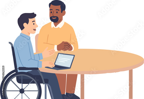 A man in a wheelchair and a colleague have a friendly discussion at a round table while using a laptop during an inclusive meeting.