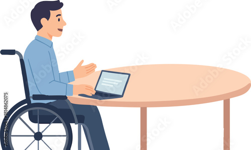 A man in a wheelchair works on his laptop at a round table, gesturing as he speaks during a calm and inclusive meeting setting.