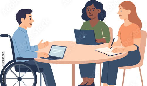 A small team of three colleagues, including a wheelchair user, collaborates around a round table with laptops and notes during an inclusive meeting.