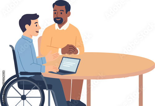 A man in a wheelchair and a colleague have a friendly discussion at a round table while using a laptop during an inclusive meeting.