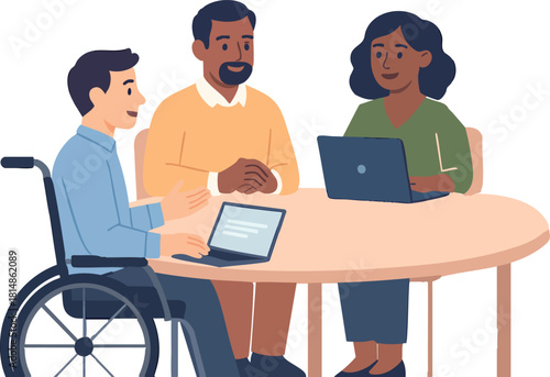 An inclusive team of three colleagues, including a wheelchair user, collaborates around a round table with laptops during a friendly and productive meeting.