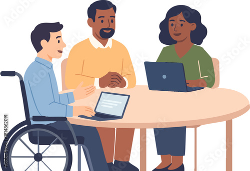 An inclusive team of three colleagues, including a wheelchair user, collaborates around a round table with laptops during a friendly and productive meeting.