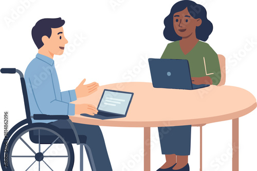 A man in a wheelchair and a woman with a laptop sit at a round table, engaged in a friendly and productive conversation during an inclusive teamwork meeting.