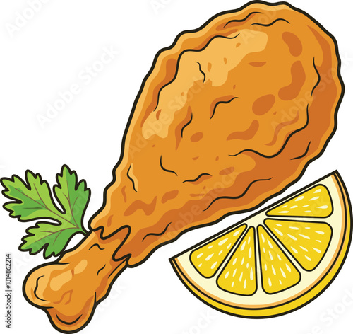 Golden fried chicken drumstick with lemon slice and parsley garnish