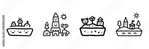 Cute Fantasy World Line Icon Set In Doodle Style. Imaginative Landscapes, Playful Creatures, And Whimsical Castles Outline Sketch Collection. Hand Drawn Isolated Vector Illustration