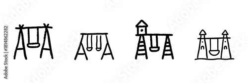 Playground Swing Set Line Icon Collection In Doodle Style. Children'S Outdoor Play Equipment And Recreation Area Outline Sketch. Hand Drawn Isolated Vector Illustration