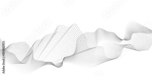 Abstract gray wave dynamic curve lines on transparent background with flowing particles. Digital energy waves technology concept. Modern backdrop design for business, presentation, banner.