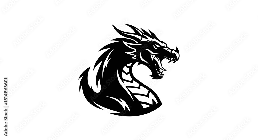 Fototapeta premium Fierce Black Dragon Head Emblem with Open Mouth and Sharp Teeth.