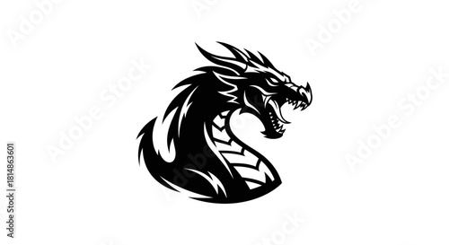 Fierce Black Dragon Head Emblem with Open Mouth and Sharp Teeth.