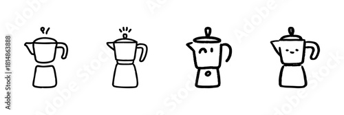 Moka Pot Coffee Maker Line Icon Set In Doodle Style. Espresso Brewing, Italian Coffee Preparation, And Kitchen Appliance Outline Sketch Collection. Hand Drawn Isolated Vector Illustration