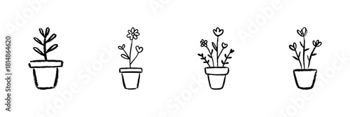 Potted Plants Line Icon Set In Doodle Style. Indoor Gardening, Home Decor, And Nature Elements Outline Sketch Collection. Hand Drawn Isolated Vector Illustration