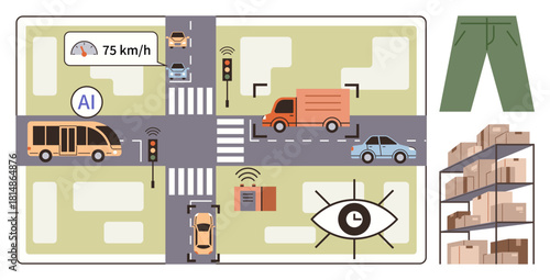 AI-powered traffic light system, autonomous vehicles at an intersection, warehouse shelving with boxes. Ideal for technology, automation, AI, logistics, transportation, traffic safety urban