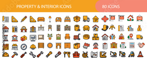 Property and interior icon set. Containing real estate houses, for sale signs, moving boxes, delivery trucks, furniture sofas, construction tools, blueprints, house keys, money bags and many more