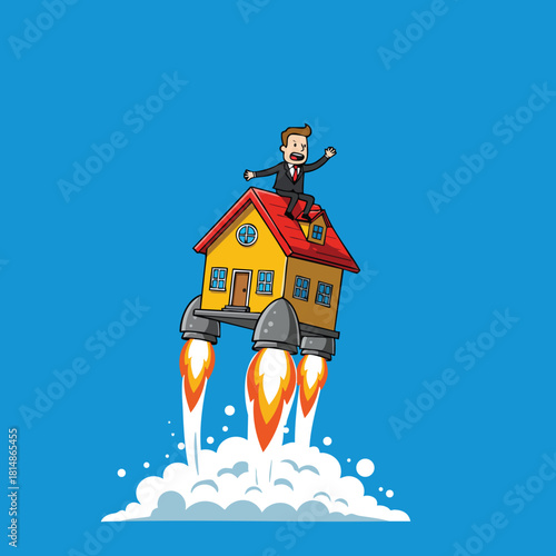 Businessman riding flying house with rocket boosters cartoon vector illustration blue background
