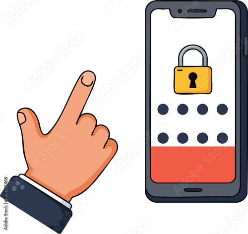 Smartphone security lock screen with hand entering passcode vector illustration