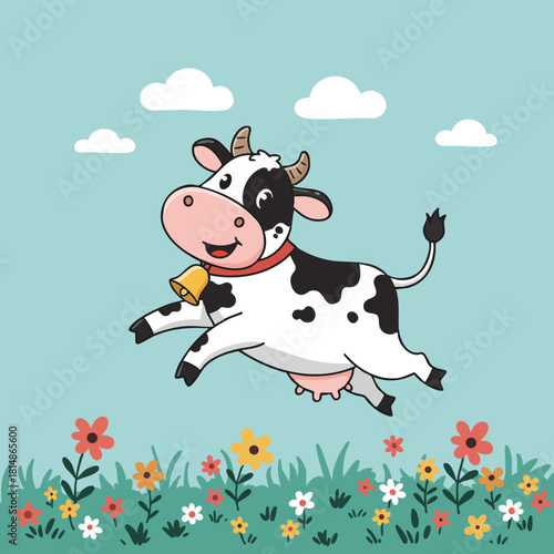 Jumping happy cow with bell running over colorful flowers meadow vector illustration