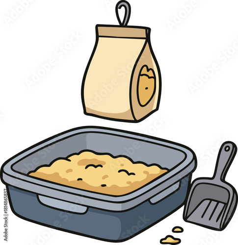 Cat litter box with scoop and bag of clumping cat litter on white background vector illustration