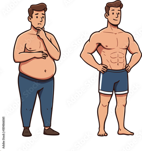 Muscular man before and after weight loss transformation fitness comparison illustration vector