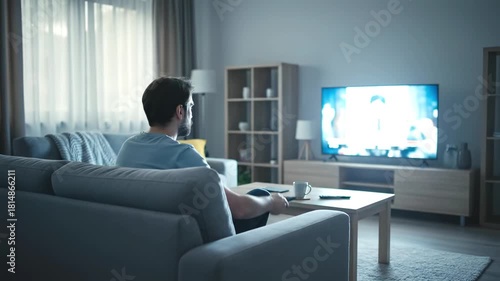 Rear view of a relaxed young adult man sitting on a sofa, holding a remote control and watching a television screen displaying static or a test pattern, indicating boredom, signal issues
