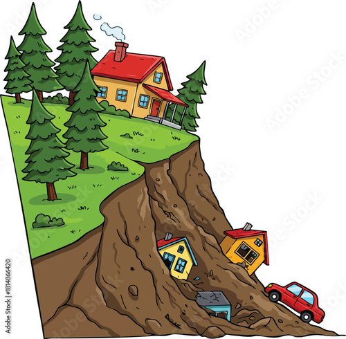 Landslide natural disaster with falling houses cars and trees vector illustration